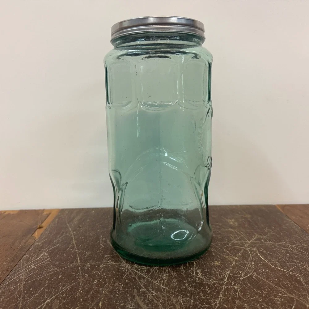 Vintage Aqua Green Glass Storage Jar with Metal Lid Tall Kitchen Decor